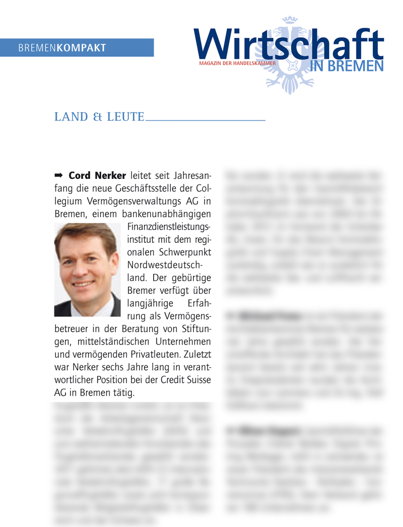 Artikel IHK-Magazin Wirtschaft in Bremen stellt Cord Nerker, als Leiter COLLEGIUM Vermögensverwaltungs AG Bremen, vor